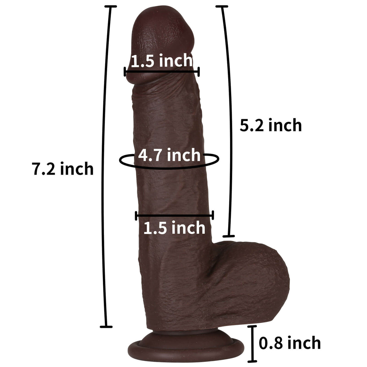 Dimension chart for 7.2 inch black skin tone squirting dildo showing 5.2inch insertable length and suction base