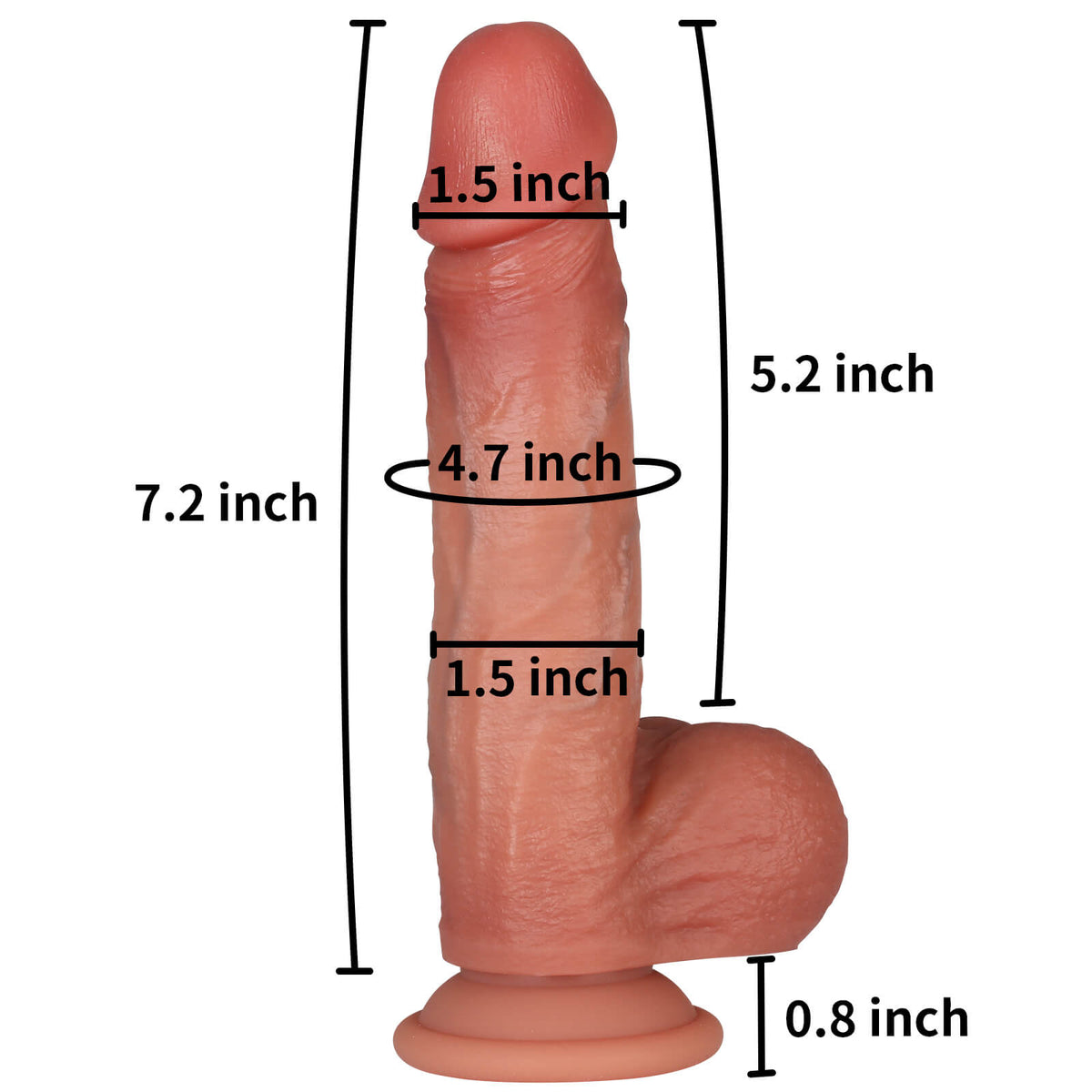 Dimension chart for 7.2 inch flesh skin tone squirting dildo showing 5.2 inch insertable length and suction base