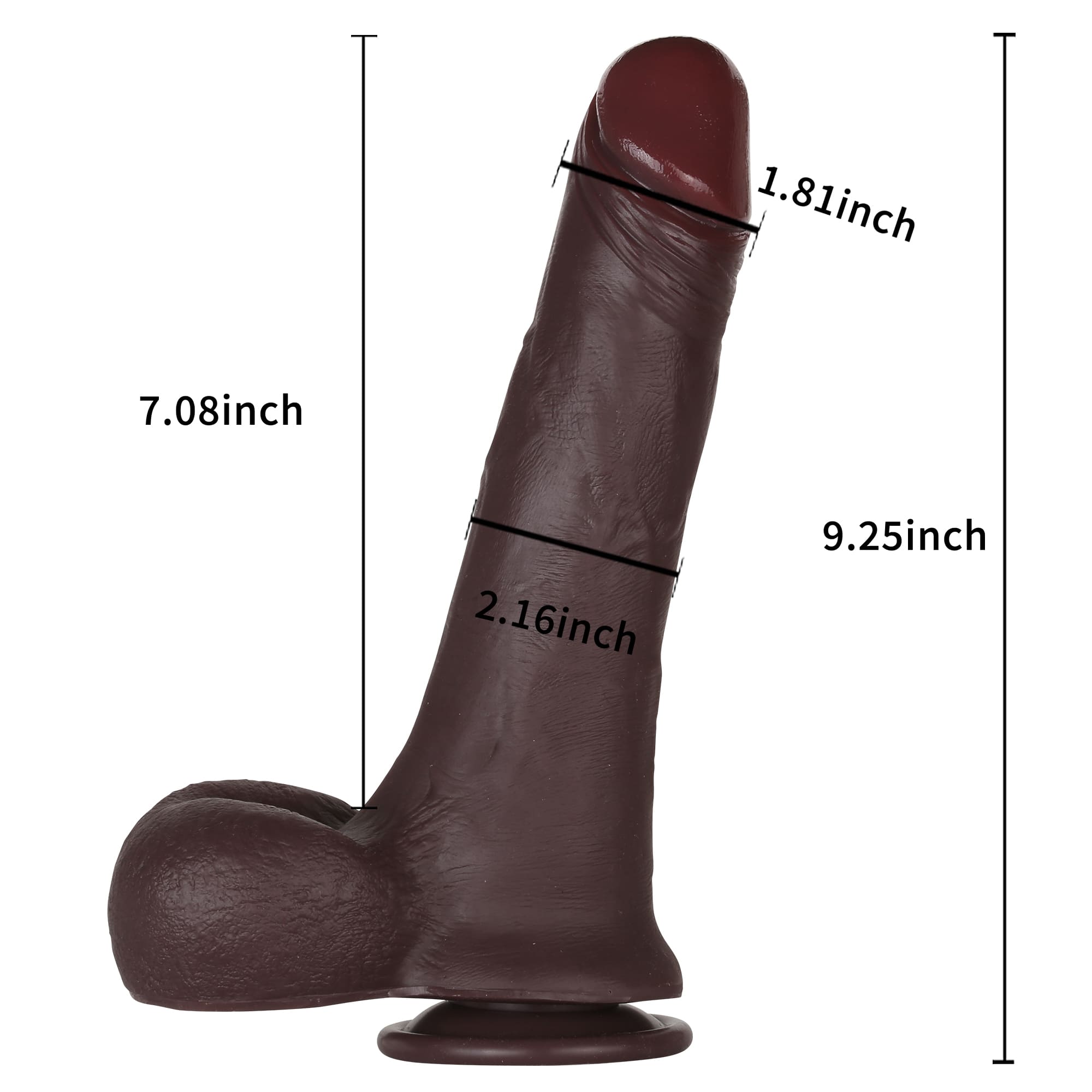 RIDINGX 9 inch black realistic silicone toy sizing details diagram highlighting full product specifications