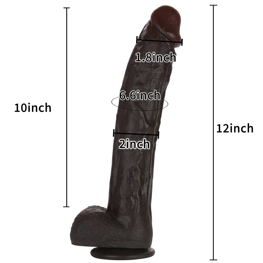 RIDINGX 12 inch black soft silicone dildo size chart showing total length insertable length and diameter dimensions