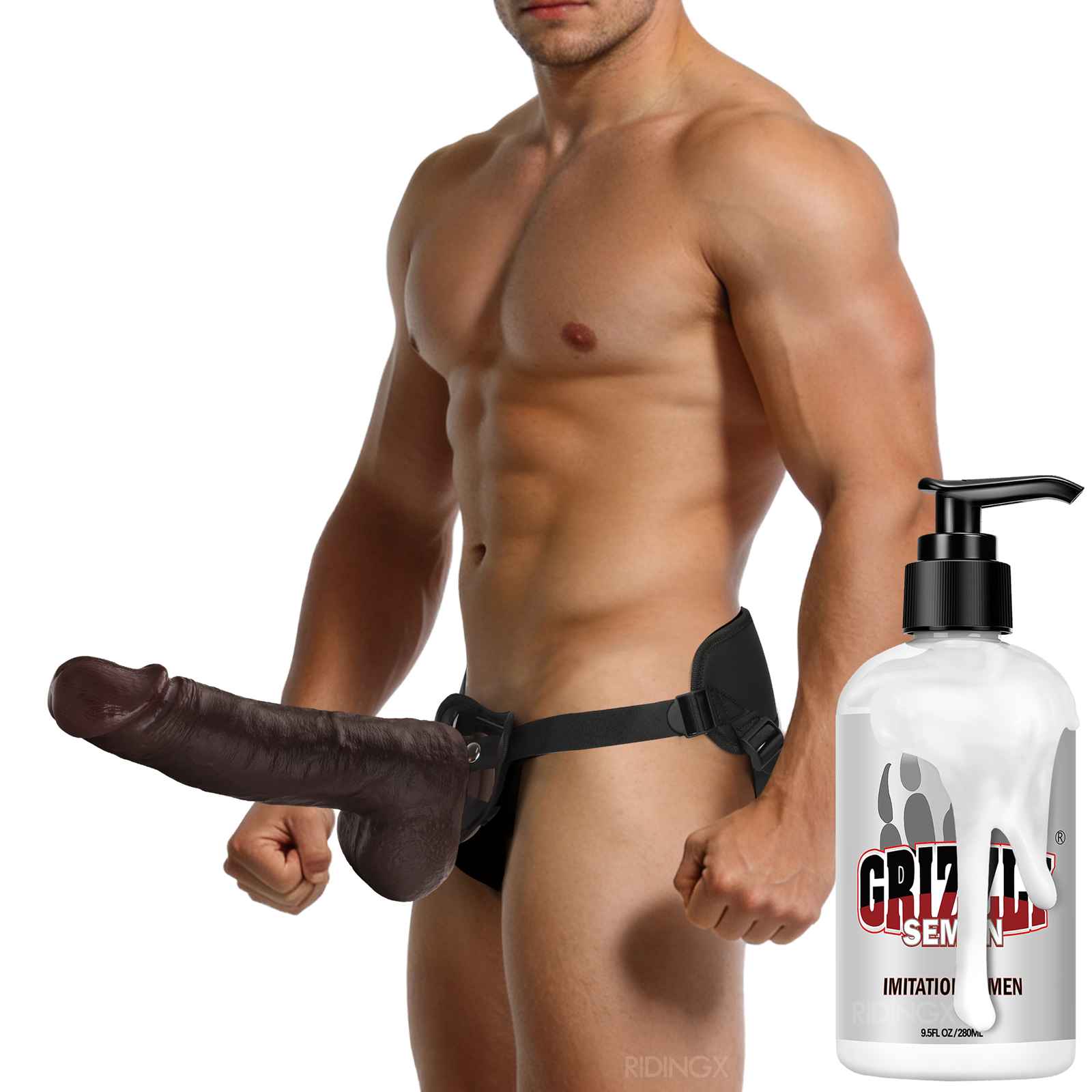 Strap-On 9 inch Boomer Squirting Dildo Cumming Ejaculating Black Sliding Skin