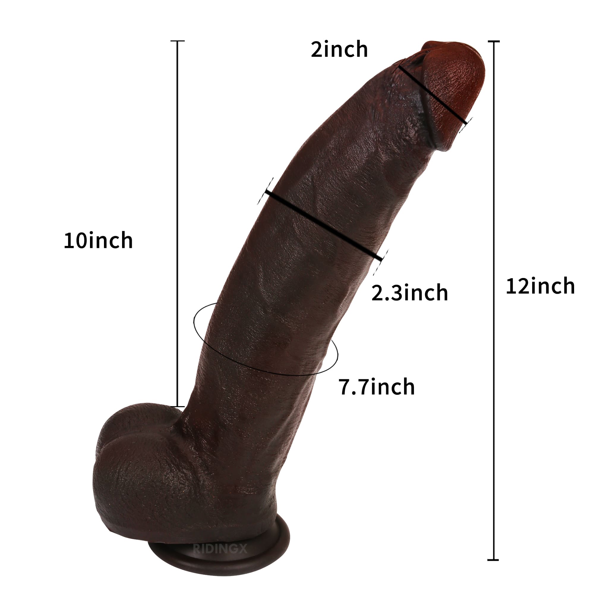 RIDINGX premium 9 inch black realistic silicone dildo with internal curved keel design specifications
